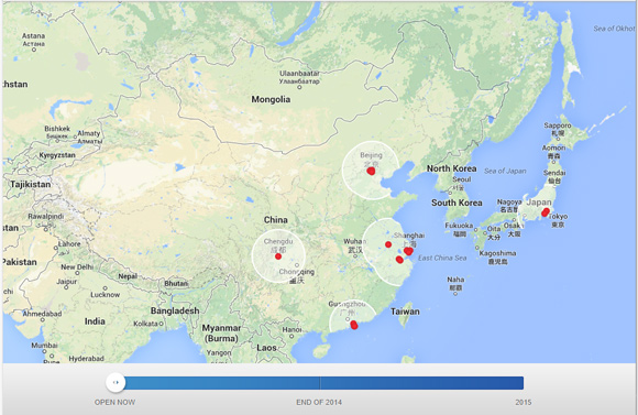 Карта станций Tesla Supercharger в Азии. Сейчас